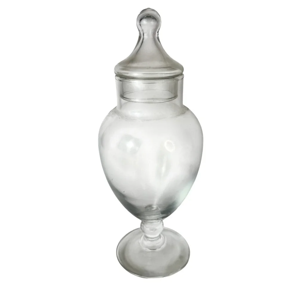 Vintage Clear Glass Footed Apothecary Jar with Lid 10 Inch Decorative Urn Vase